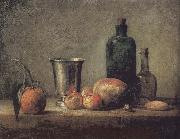 Jean Baptiste Simeon Chardin, Orange silver apple pears and two glasses of wine bottles